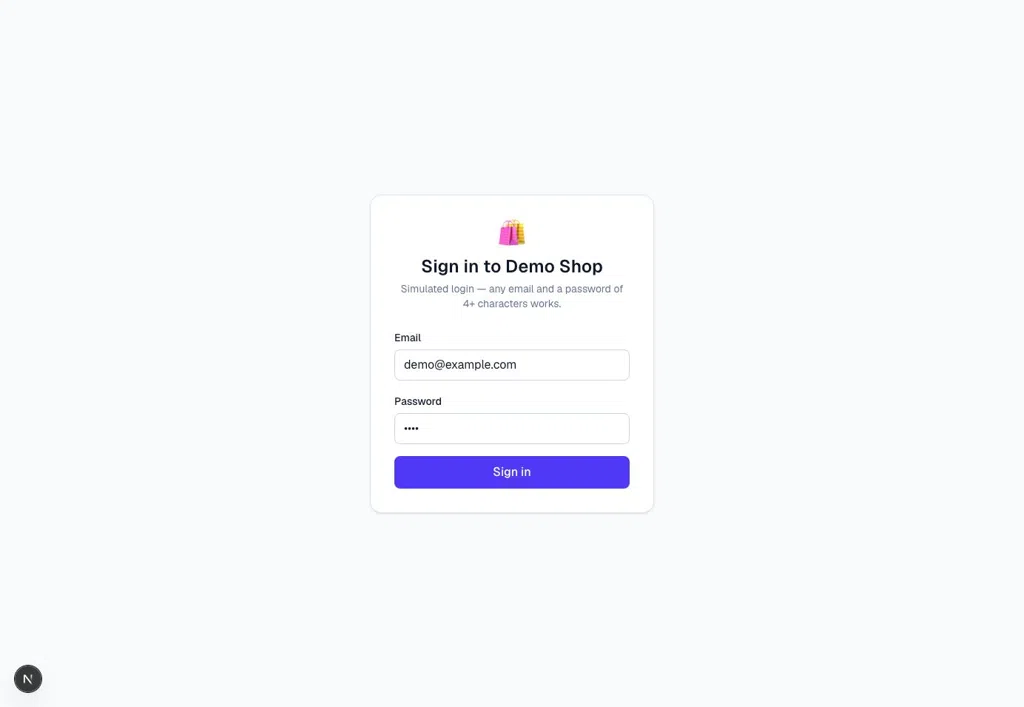 An animated recording of the test run: signing in to Demo Shop, browsing the catalogue, opening the Noise-Cancelling Headphones product page, filling in the checkout form and reaching the order confirmation screen.